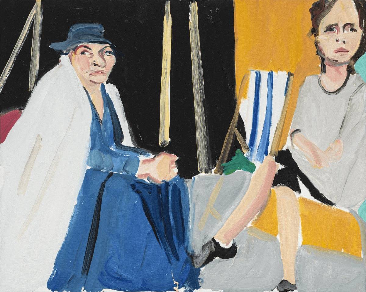 Oil painting of two women seated beside each other, an older woman on the left and younger in the right