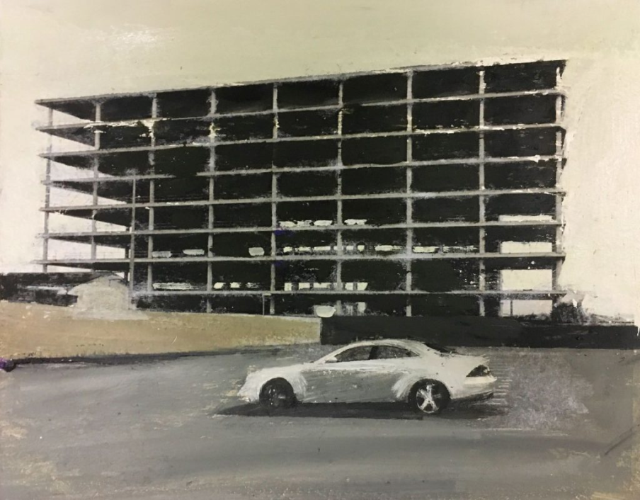 Painting of a white car in an empty car park, with a multi-story car park in the background.