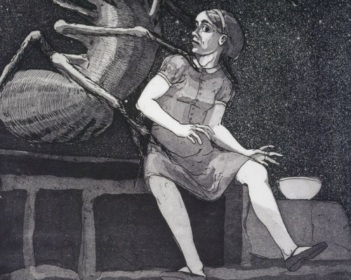 Black and white etching of a young girl seated, looking startled as a human-sized spider looms over and its legs grabs at her. A bowl is placed on a low stool beside her