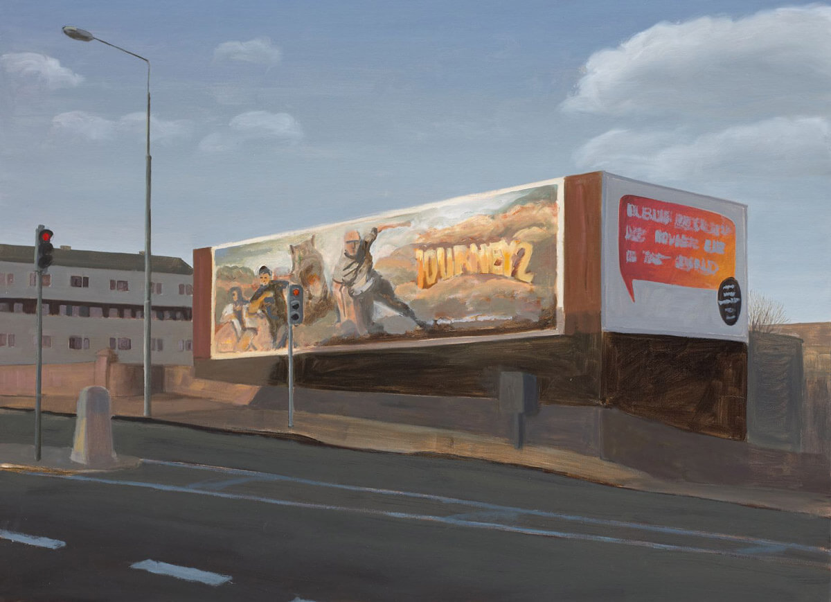 Eithne Jordan painting titled 'Billboard III'. Oil painting of a billboard on a street.