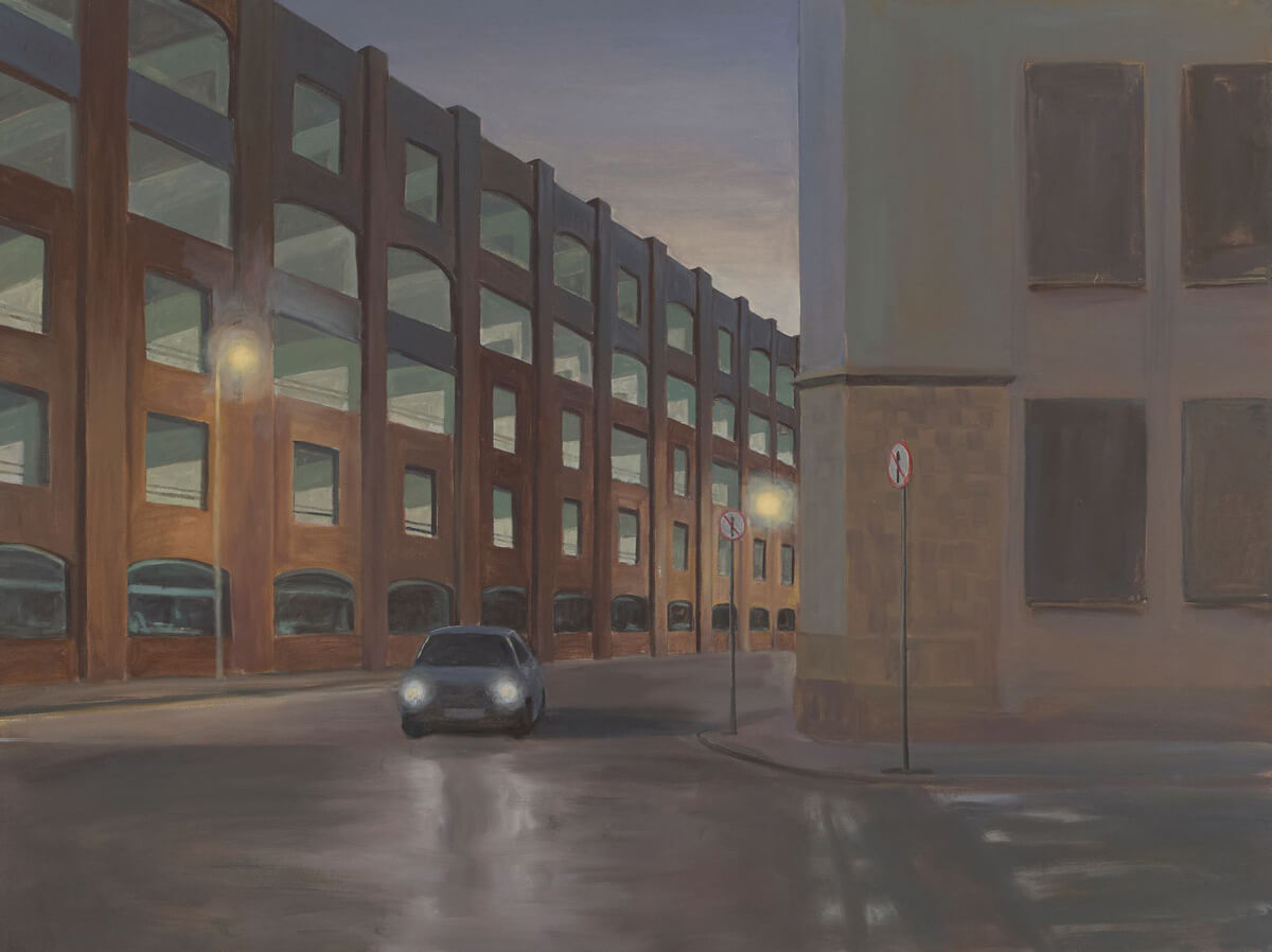 Eithne Jordan painting titled 'Carpark II'. Oil painting of a car on street in front of a car park.