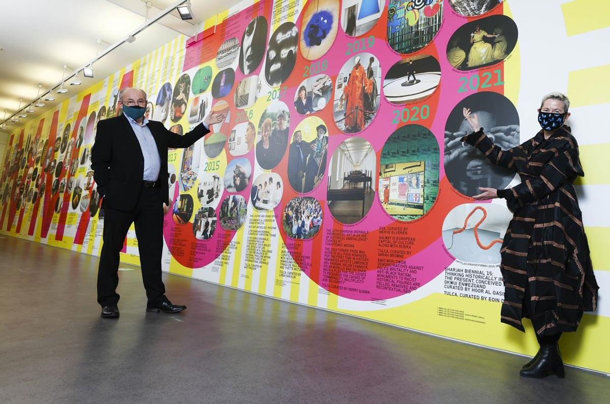 Founding director Declan McGonagle and IMMA Director Annie Fletcher stand in front of a timeline of IMMA's history