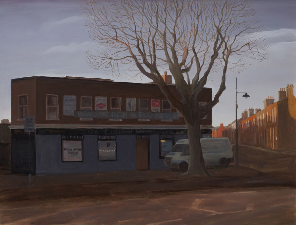 Eithne Jordan painting titled 'Shop II'. Oil painting of a shop with a white van and tall tree in front of it