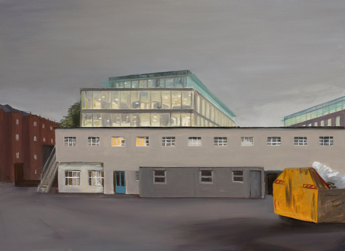 Eithne Jordan painting titled 'Skip II'. Oil painting of a grey building with a yellow skip in front of the building.