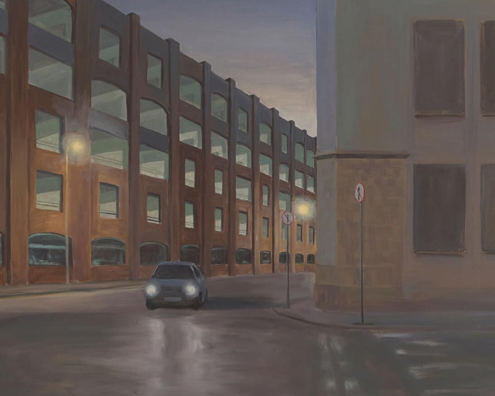 Eithne Jordan painting called Car Park II. Oil painting of a car on street.