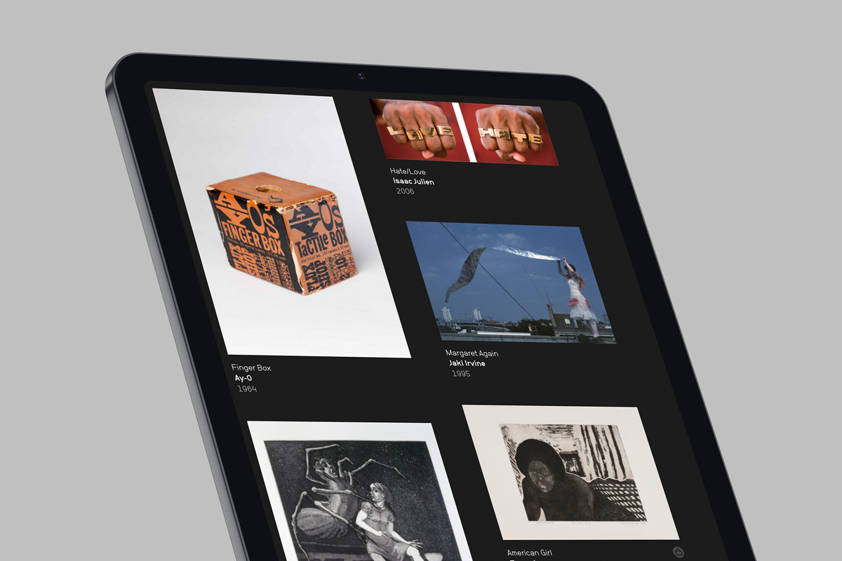 iPad device with the IMMA website open showing a range of images from the collection.