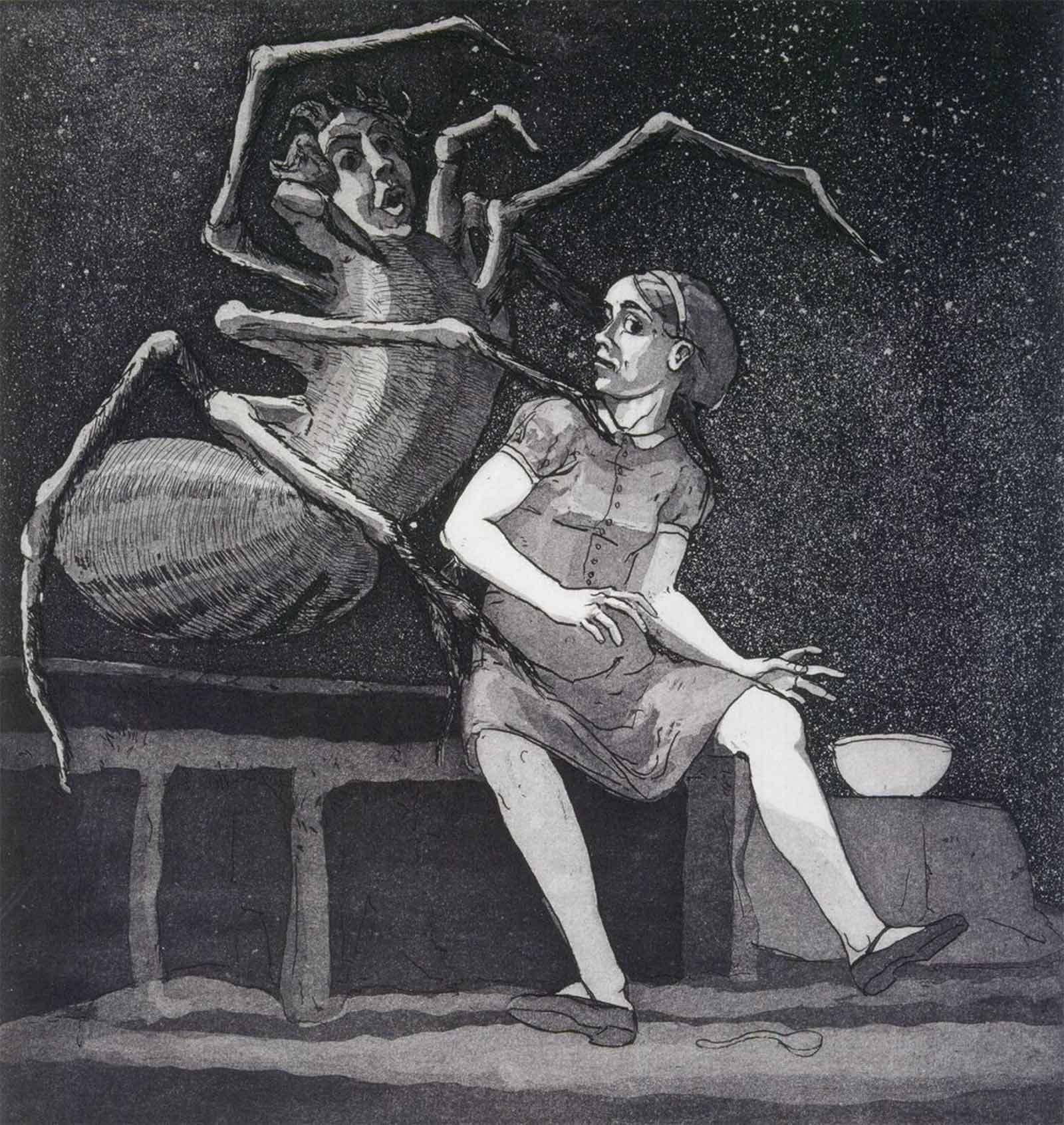 Black and white etching of a young girl seated, looking startled as a human-sized spider looms over and its legs grabs at her. A bowl is placed on a low stool beside her